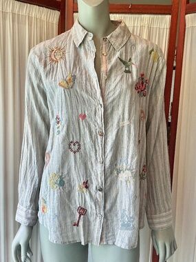 Johnny Was ALEXANDRIA Striped Shirt Embroidered Cross-Stitched Cotton Size Small